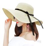 CLOTHERA Summer Big Brim Floppy Straw Beach Hats for Women (Beige) (Black Ribbon)