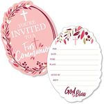 First Communion Pink Elegant Cross - Shaped Fill-in Invitations - Girl Religious Party Invitation Cards with Envelopes - Set of 12