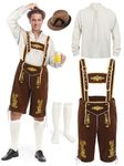 FancyFun 4 PCS Oktoberfest Costume Men German Bavarian Lederhosen Costume Set Men’s Halloween Lederhosen Shirt Hat Socks, White, X-Large