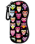 NUGGHU Sunglasses Soft Case Ultra Light Portable Neoprene Zipper Eyeglass Case Travel Pouch with Belt Clip for Men Women, Cute Colorful Owls, One Size