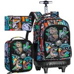 3PCS Rolling Backpack for Men, 21 Inch Water Resistant Dinosaur Backpacks with Roller Wheels, Wheeled Bookbag for Teens Boys Elementary School Travel