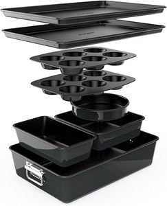 NutriChef 8-Piece Stackable Nonstick Bakeware Set - Premium Steel Baking Tray Set - Includes Round Cake Pan, 6-Cup Muffin Pans, Wide/Square Brownie & Loaf Pans, Cookie Sheet, & Roaster Pan (Black)