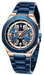 LONGBO Endurance Series Skeleton Design Analog Quartz Watch for Men with Stainless Steel Strap and Octagonal Alloy Case with Screw Detailing | Gift for Men (Blue-Gold-Blue)