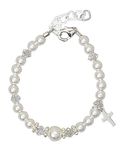 Delicate Sterling Silver Cross Charm Bracelet for Girls - with White Swarovski Simulated Pearls, Crystals and Silver Daisy Spacers - Best First Communion Gift