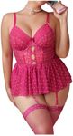 OYOANGLE Women's Plus Size Garter Lingerie Set Polka Dots Cut Out Underwire Chemise Nightgown with Stocking Hot Pink 3X-Large Plus