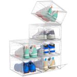 ARSTPEOE Shoe Storage Box, 6 pcs Shoe Storage Plastic Stackable, Clear Shoe Box, Foldable Shoe Storage Organiser. Sneaker Display Case, Shoe Box with Magnetic Door（White