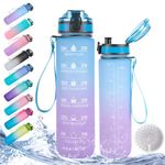 32oz Daily Water Bottle with Motivational Time Marker, Reusable Plastic BPA Free Water Jug, 1 Liter Fast-Flow Drinking Bottle for School,Work,Travel,Gym and Outdoor Sports(32oz/1000ml,Blue to Purple)