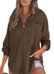 onlypuff Womens Long Sleeve Tunics Top V Neck Button Down Shirts Waffle Knit Henley Casual Brown