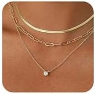 Coshilta Gold Necklace for Women Trendy,14K Gold Plated CZ Pendant Layered Gold Necklaces Set Choker Necklaces Simple Circle Cubic Zirconia Necklace Stack Herringbone Paperclip Cute Chain Jewelry Set