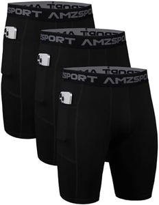 AMZSPORT 3 Pack Men's Compression Shorts with Phone Pocket, Cool Dry Spandex Athletic Running Gym Base Layer Underwear, 3 BLACK, L