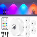 WILLED RGB Rechargeable Puck Lights with Remote Control, Under Cabinet Lighting Wireless, Dimmable Push Lights, Multicolor and Timing Function, LED Puck Lights for Kitchen, Cabinet and Shelf(6 Pack)