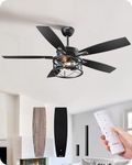 EDISHINE 52" Black Farmhouse Ceiling Fans With Lights, Remote Control, Dimmable, Reversible DC Motor, 5 Wooden Blades Rustic Indoor/Outdoor Ceiling Fan for Living Room Bedroom Porch
