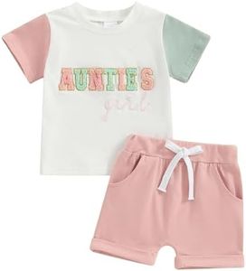 Gueuusu Auntie 's Girl Baby Clothes Toddler Short Sleeve Letter Embroidery T Shirt Drawstring Shorts Set Cute Summer Outfit, Aunties Girl, 6-12 Months