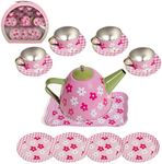 IQ Toys Tin Tea Set and Carry Case for Little Girls Pretend Tea Party in Bright Colors and Dainty Design