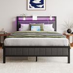 BOFENG Full Bed Frame with LED Lights Storage Headboard and USB Charging Station,Metal Upholstered Platform Double Bed Frame Full Size with Storage No Box Spring Needed,Strong Steel Slats,Noise Free