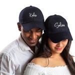 AICA Personalized Name Cotton Caps for Couples Men & Women– Blue & Blue, Adjustable Strap, Free Size (Pack of 2) | Customize Product Gift Item