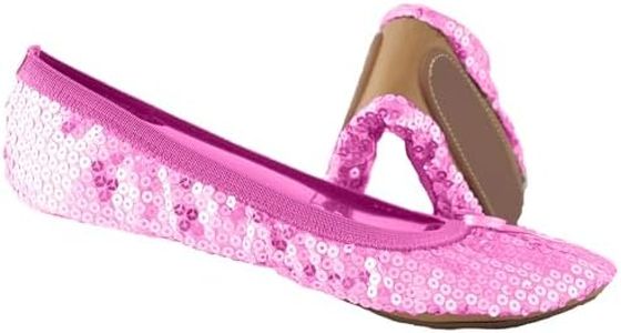 Sequin sparkle foldable portable shoes - Comfortable women ballet flats That foldup and fit in bag, Rose Pink, 7 UK