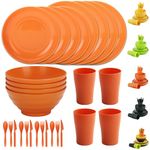 Evanda Plastic Dinnerware Set 28 Piece, Reusable Light Weight Mugs, Bowls, Dishes, Knives, Forks, Spoons for Camping Picnics and Everyday Use, Dishwasher Safe (Orange)