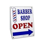 BARBER SHOP OPEN Sign w/Directional Left Right Arrow 2-Sided Red White Blue Plastic Frames Sandwich Board Kit Grommets & Zip Ties Included! (24x18)