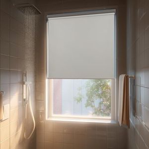HESTIA No Drill Cordless Blackout Roller Shades Screwless Waterproof Shower Window Blinds, Auto-Retraction Easy Install Blind for Bathroom/Kitchen/Office/Exterior, White, 57" W X 72" H