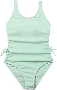OYOANGLE Girl's Cute Spaghetti Straps Round Neck Drawstring One Piece Swimwear Tie Bathing Suit Mint Green 170