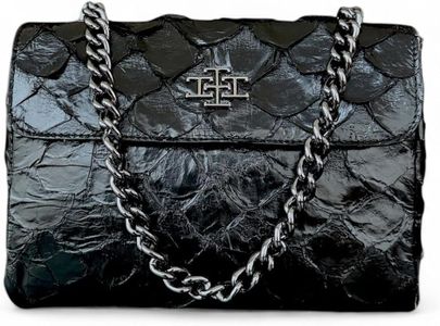 INLA Genuine Pirarucu Fish Leather Quilted Shoulder Bag for Women, Black, Made in Brazil, Exotic Leather Purse with Chain Strap & Silver Hardware