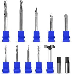 IDC WoodCraft Complete Set of Essential CNC Router Bit Set, 9 Router Bits with 1/4-inch Shank, 2 Reducing Collets, 1 Surfacing Bit, Wood Carving Profile, V- Bits Solid Carbide | 1/4 Router Bit Set