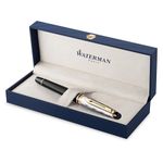 Waterman Expert Fountain Pen | Metal & Black Lacquer with Gold trim & Chiselled cap | Stainless steel Medium Nib | Blue Ink | Gift Box