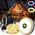 2 in 1 Camping String Lights Set - Outdoor Portable Stowable Camping Lights String & lanterns, 8 Modes (32.8ft) Retractable Camping Essentials Waterproof Camp Lights for Tent, Yard, Hiking