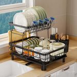 2 Tier Dish Drainer Rack for Kitchen with Drip Tray, Sink Dish Drainer with 360° Swivel Drainage Spout, Dish Drying with Cups, Utensil & Cutting Board Holders for Kitchen Counter Space-Saving, Black