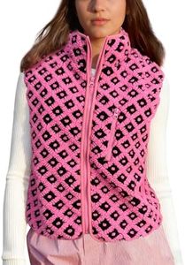 SeeLuNa Womens Checkered Sherpa Vest Sleeveless Winter Fleece Jacket High Neck Zip Up Plaid Gilet with Chest Pocket(Black-Rose,M)