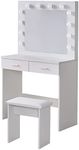 TUKAILAi White Dressing Table Set with Hollywood LED Lights, Mirror, 2 Large Drawers and Stool Vanity Makeup Table with Adjustable 3 Color LED Lights for Bedroom Girl Women