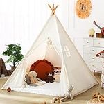 Wilwolfer Teepee Tent for Kids Foldable Children Play Tent for Girl and Boy with Carry Case 4 Poles White Canvas Playhouse Toy for Indoor and Outdoor Games