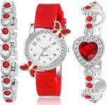 Acnos Polyurethane White Dial Diamond Red Analog Watch With Diamond Bracelet For Girl Best Design Butterfly Combo 3 Pack Of 3, Red Band