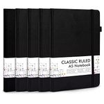 feela 5 Pack A5 Notebooks Multipack, Ruled Lined Notepads A5 (120 GSM), Hardback Journal Notebook with 5 Black Gel Pens for Work, Study, Journaling, Note Taking, 128 Pages/Pack, 21 x 13 cm, Black