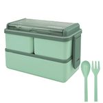 Jsdoin Bento Lunch Box Stackable,1400ml Containers with 3 Removable Compartments and Cutlery, Leak Proof 2 Layer Boxes, for Adults Kids Office Microwave Dishwasher Safe Available (Green)