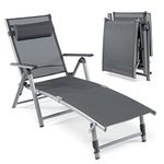 COSTWAY Folding Sun Lounger, 8 Positions Adjustable Garden Chaise Lounge Sunbed with 2-Level Foldable Legs and Pillow, Aluminium Frame Outdoor Portable Reclining Chair for Patio Poolside Beach Camping