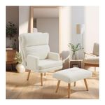 INMOZATA Sherpa Armchair with Footstool Accent Chair with Adjustable Backrest Comfy Lounge Chair Upholstered Tub Chair with Wood Legs for iving Room, Bedroom, Apartment, Office,Reading (White)