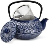 Japanese Cast Iron Teapot with Infuser for Loose Leaf and Tea Bags, Kettle Includes Handle and Removable Lid (Blue, 34oz)