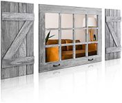 Besuerte Farmhouse Mirrors for Wall Decor, Heavy Duty Upgraded Real Glass Window Pane Mirror Wall Decor, Large Decorative Mirror (1xWindow Mirror, 2xShutters), Rustic Grey