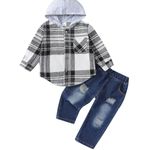 Momkonzz Baby Boy Clothes Toddler Boys Outfits Infant Long Sleeve Hoodies Plaid Tops Ripped Denim with Pockets Hooded Sweatsuit Sweatshirt Jacket Jeans Clothing for Little Boy 2-3 Years