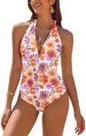 AI'MAGE Women's Halter One Piece Swimsuit 2024 Tummy Control Bathing Suits Ruched Deep V Neck Swim Suit, XL