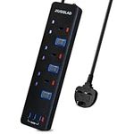 ZHONYEE Power Strip with 3 USB ports and 3 Outlet for Travel and Official, 110-250V and 3000W, 6ft Long Extension Cord, Overload Protection, UK Plug（black）