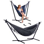 SUNCREAT 2-in-1 Hammocks Convertible Portable Double Hammock with Stand Included, Outdoor Hammock and Stand, Patent Pending, Dark Grey with Tassel