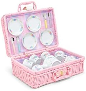 Porcelain Tea Set for Girls - Mini Ceramic Tea Cups with Pink Wicker Basket - Cute Teapot and Tiny Cups Set for Girls Party - Ideal Gift for Kids Ages 8 Years - Unicorn Design, 13 Pieces
