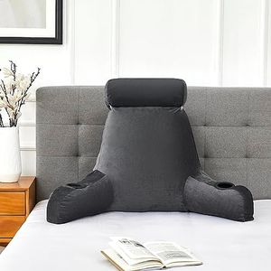 Extra Large Reading Pillow Ultimate Comfort & Support Bed Rest with Cup Holders, Storage Pockets, Detachable Neck Roll, and Removable Cover - Ideal for Relaxation, Work, and Lounging, Gray