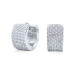 Unisex Geometric Carved Diagonal Slashes Matte Wide Hoop Huggie Earrings For Men Women Silver Tone Stainless Steel