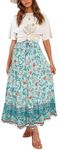 ZESICA Women's Summer Bohemian Floral Printed Elastic Waist A Line Maxi Skirt with Pockets,Turquoise,X-Small