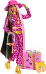 Travel Barbie Doll with Safari Fashion, Barbie Extra Fly, Animal Print Outfit and Pink Suitcase, HPT48, Gold,pink,silver