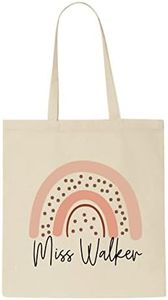 Personalised Teacher Gift with Customisable Name (Rainbow Style 2 - Boho with dots) End of Year tote style shopping bag - natural